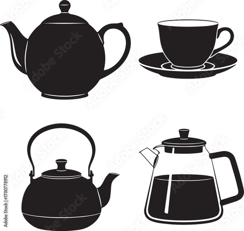 Tea Set Silhouette Pack – Teapot, Kettle, Teacup, and Coffee Pot Vector Icons