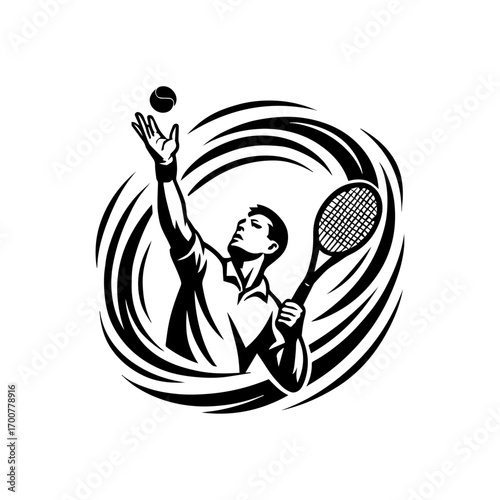 Tennis player serving with racket motion swirl
