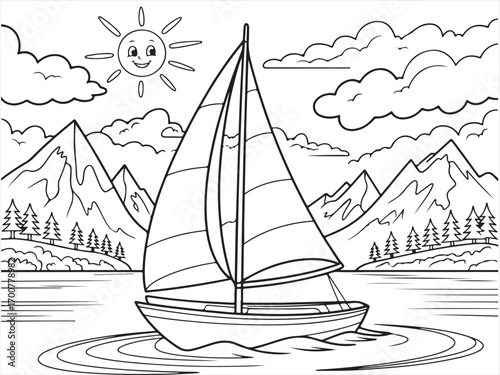 Printable coloring page of boat with clouds, sun, and mountains landscape