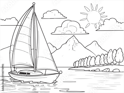 Black and white line art illustration of sailing boat on water coloring page