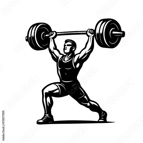 Weightlifter holding a barbell overhead in heroic pose
