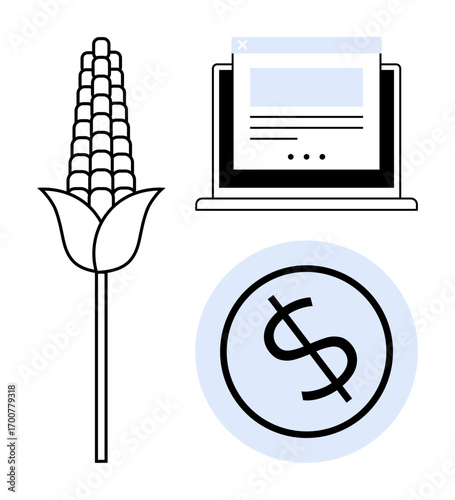 Corn stalk alongside a laptop with web content and dollar icon signifies agricultural innovation and profitability. Ideal for farming, digital technology, food industry, agribusiness, e-commerce