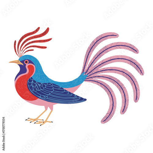 Colorful, stylized bird with elaborate tail feathers