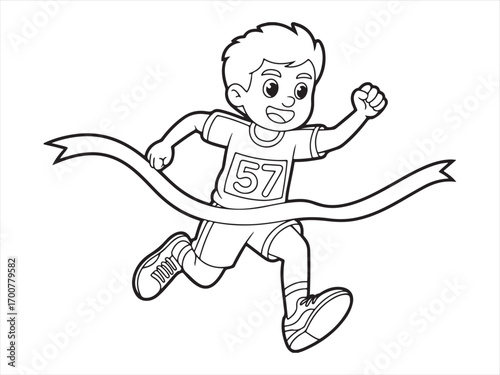 Black and white illustration of running boy winning race for coloring