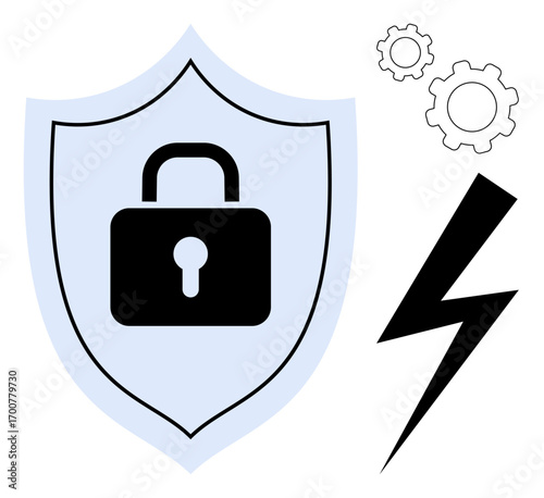 Shield with a lock symbolizing security, gears for system processes, and lightning bolt for threats. Ideal for cybersecurity, data protection, encryption, privacy, IT systems, risk simple landing