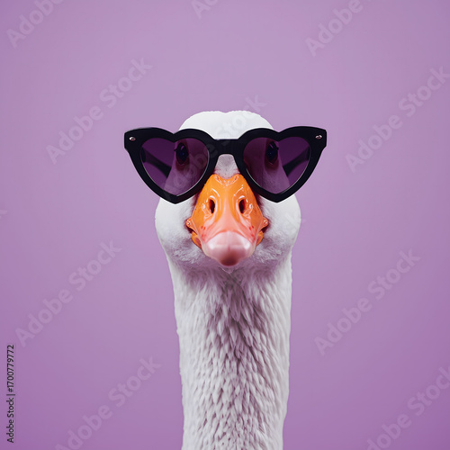 Funny goose wearing heart shaped sunglasses against a solid purple background