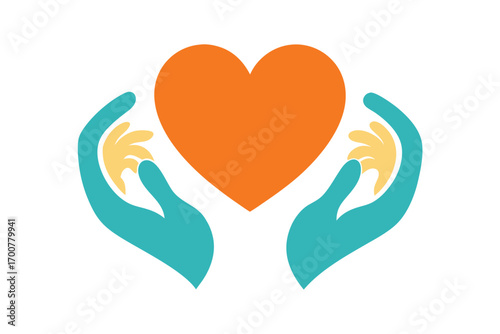 Graphic representation of caring hands gently embracing a bright orange heart