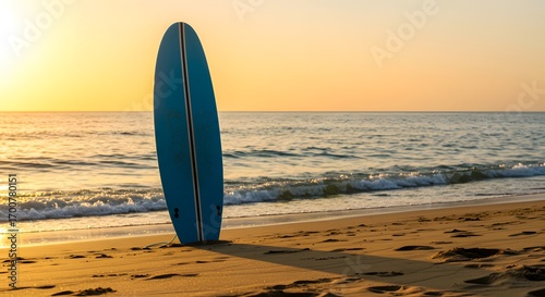 Wallpaper Mural Realistic surfboard standing in sand with ocean waves in background under golden sunset light Torontodigital.ca