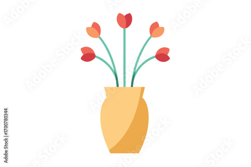 Simple Illustration of Red Flowers in a Beige Vase on White Background