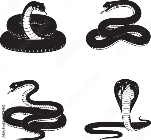 Snake Silhouette Set – Cobra, Coiled Serpent, Wild Reptile Vector Icons