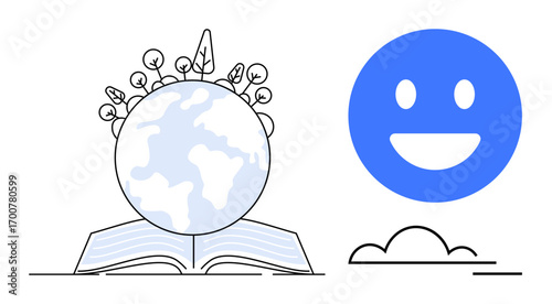 Earth with plants and open book symbolizing global learning, sustainability, nature. Smiling blue face beside cloud evokes happiness, teamwork, success. Ideal for environmental, education