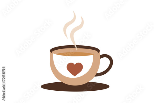 Stylized cup of coffee with steam and a heart in the middle