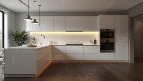 Modern kitchen interior with sleek white cabinets and wooden floor design element