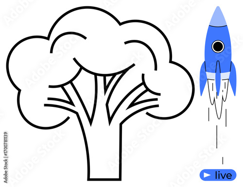 Black outlined tree symbolizing growth alongside a blue rocket launching upward. Ideal for growth, innovation, sustainability, progress, technology, success, environmental themes. A simple flat