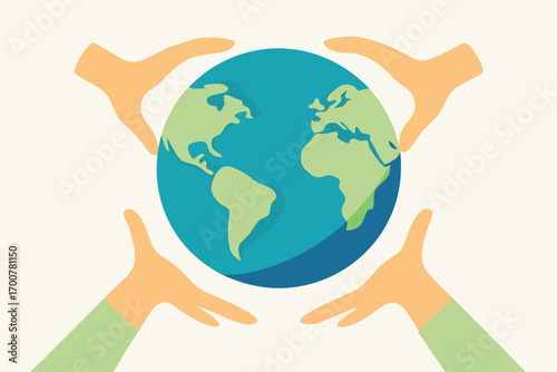 Four hands gently hold and protect the Earth with love and care