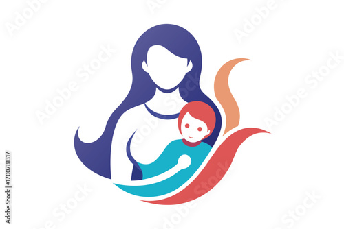 Stylized mother and child embracing in a colorful flowing design illustration