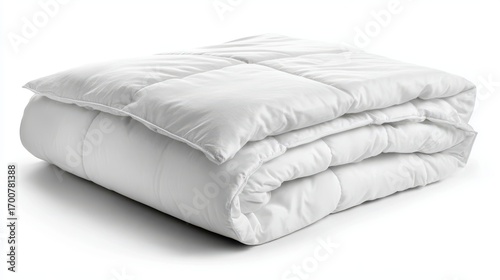 Ultra quality image of soft folded white duvet blanket isolated on white background.