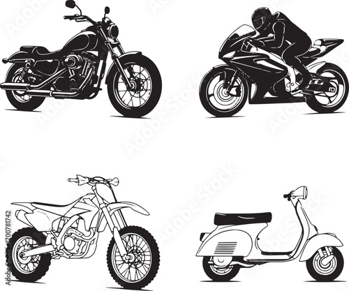 Motorcycle Silhouette Set – Cruiser, Sportbike, Dirt Bike, Scooter Vector Icons