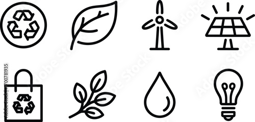 Minimal eco icon set, recycle symbol, leaf design, wind turbine, solar panel, reusable bag, water drop, light bulb