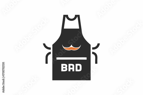Illustration of a black apron with an orange mustache and the word BAD