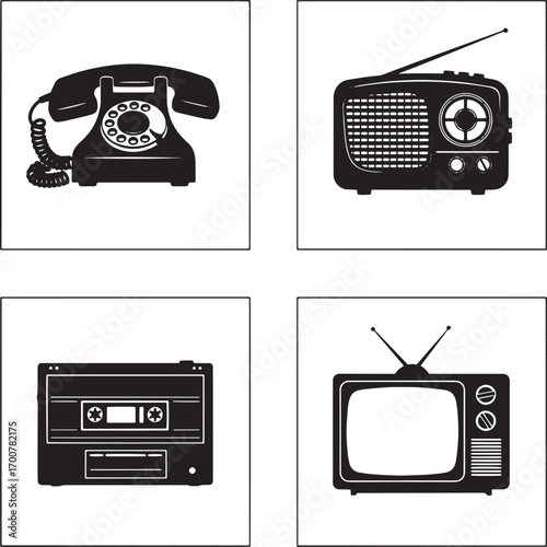 Vintage Technology Silhouette Set – Retro Phone, Radio, Cassette, TV Vector Icons