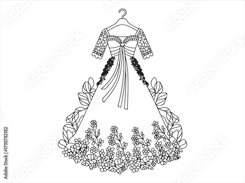 Black and white elegant dress line art for coloring book design