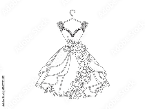 Bridal dress coloring sheet with ribbon banner and flower bouquet