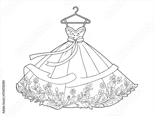 Fashion gown outline illustration for kids printable coloring activity