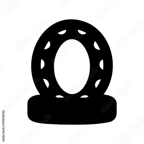 Stylized Round Mirror with Small Cutouts and a Rectangular Base Stand