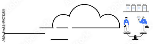 Cloud outline linking two figures exchanging ideas with a scale, showcasing balance and inspiration. Ideal for collaboration, innovation, balance, cloud computing, teamwork, technology, idea sharing