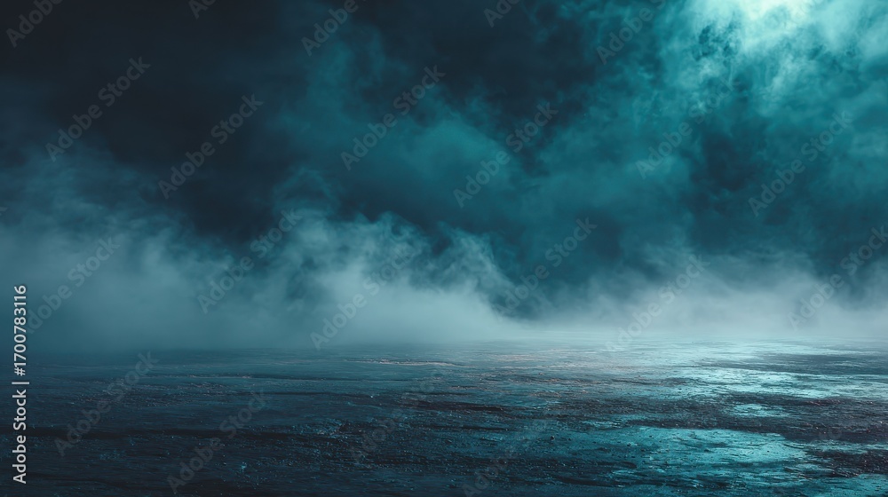 Fototapeta premium mystical blue fog blankets dark atmosphere ethereal mist swirls across textured ground mysterious vapor creates moody dreamlike scene with captivating light serene tranquil ambience