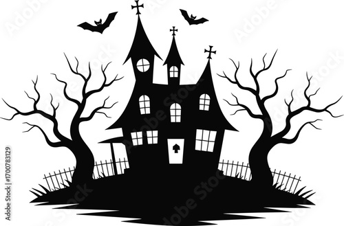 Haunted house silhouette with bats, creepy trees, and fences – Halloween horror night clipart for spooky party or decoration