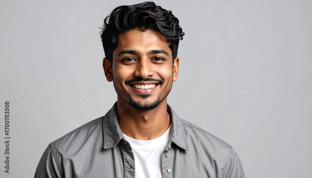 Obraz premium A cheerful young man with a warm smile and tousled dark hair, captured against a neutral backdrop, exudes positivity and confidence.