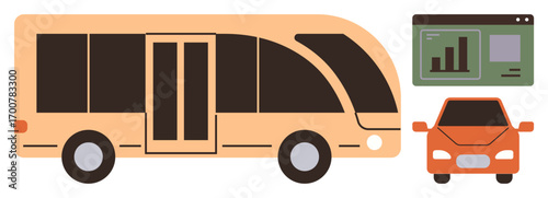Bus and car beside data dashboard showing bar graphs. Ideal for transport planning, urban mobility, smart cities, vehicle management, public transport, fleet analysis, simple flat metaphor