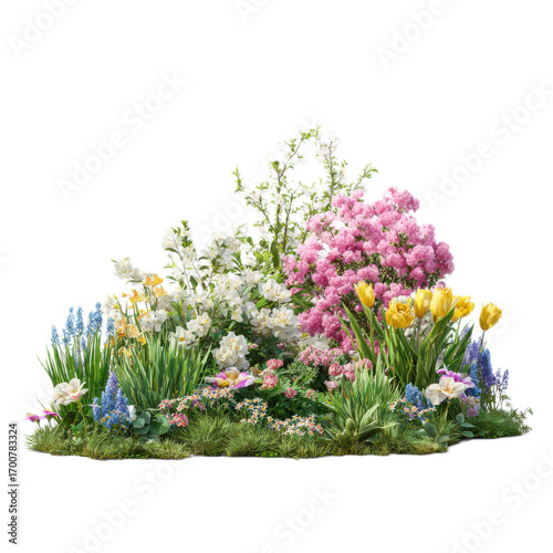 A flower garden with a variety of flowers including pink, yellow, and white
