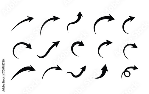 Collection of diverse hand drawn arrow shapes and cursors for design and navigation
