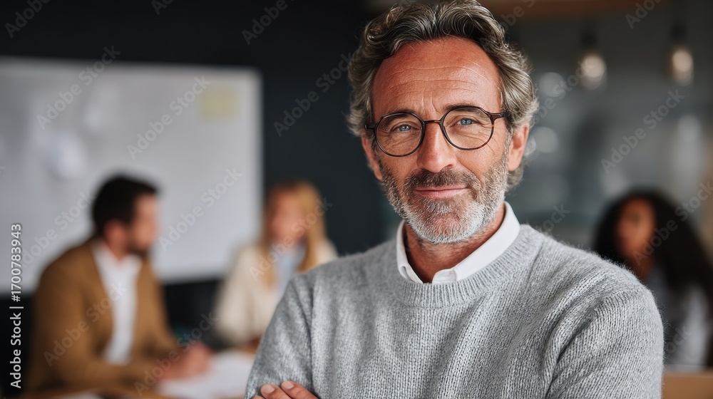 Obraz premium smiling confident mature businessman leader looking at camera standing in office at team meeting male corporate leader ceo executive manager wearing glasses posing for business portrait arms folded n