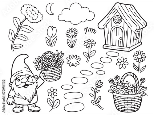 Smiling garden gnome with basket of flowers coloring page design