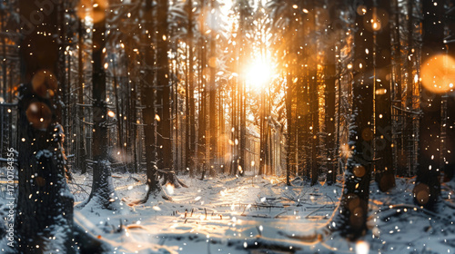 Snow falling in the air and sun shining through tall trees, Christmas time concept.