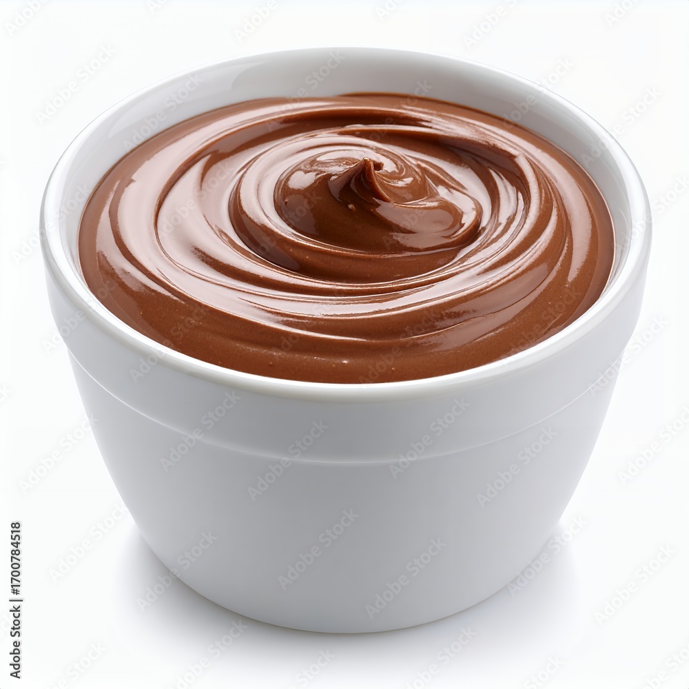 Decadent chocolate swirl in pristine bowl, simple indulgence, rich dessert on white background Decadent chocolate swirl in pristine bowl, simple indulgence, rich dessert on white background
