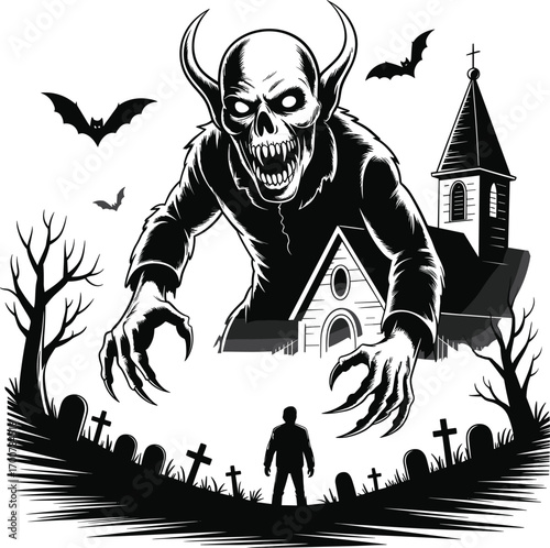 Scary Halloween demon in graveyard scene with haunted church, bats, creepy trees, and lone silhouette – horror night illustration