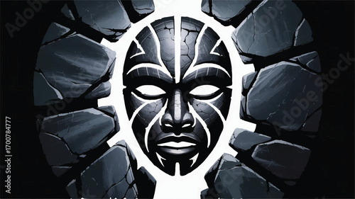 Mysterious Tribal Mask Emerging from Cracked Stone Portal