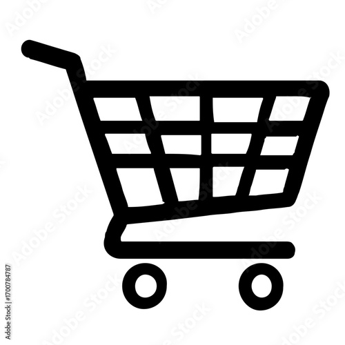 Minimalist shopping cart vector icon. A clean, monochrome pushcart pictogram for web design, user interface buttons, and digital commerce applications