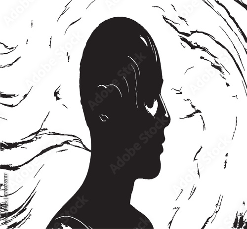 Silhouette of a person's head against a swirling, abstract background
