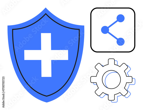 Blue shield with cross symbolizing security, sharing icon for connectivity, and gear for technology. Ideal for cybersecurity, cooperation, healthcare, innovation, IT, digital platforms simple