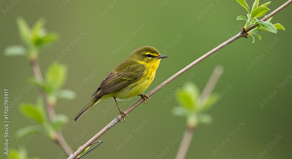 Obraz premium A small yellow warbler perched on a thin branch with green foliage in the background.