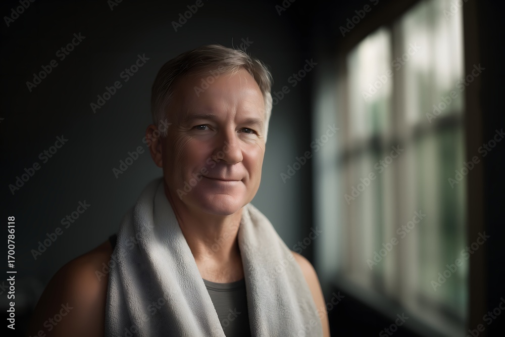 Obraz premium Head and shoulders portrait of smiling senior with towel around neck in soft window light setting