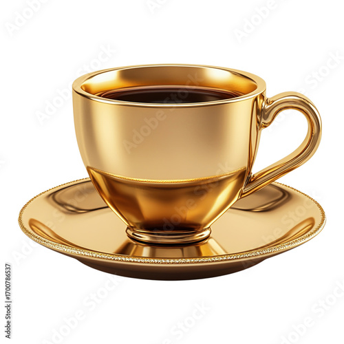 A golden cup of coffee on a golden saucer on black background