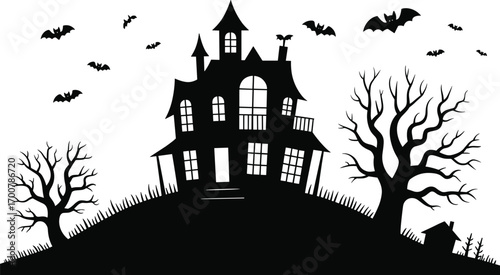 Spooky haunted house on hill with flying bats, creepy trees and shadows – black Halloween silhouette for eerie decor