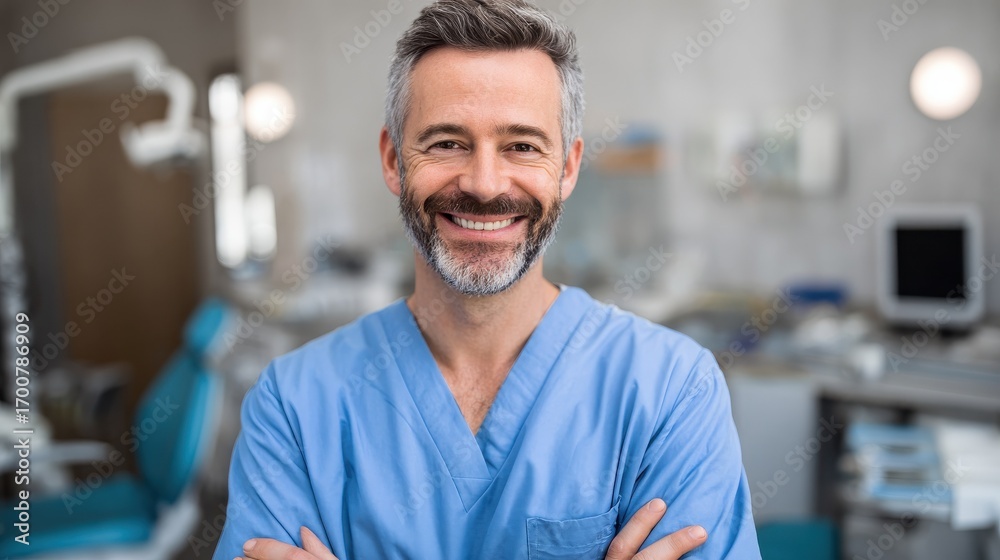 Obraz premium healthcare profession stomatology and medicine concept smiling male middle aged dentist over medical office background no logos no brands ar 169